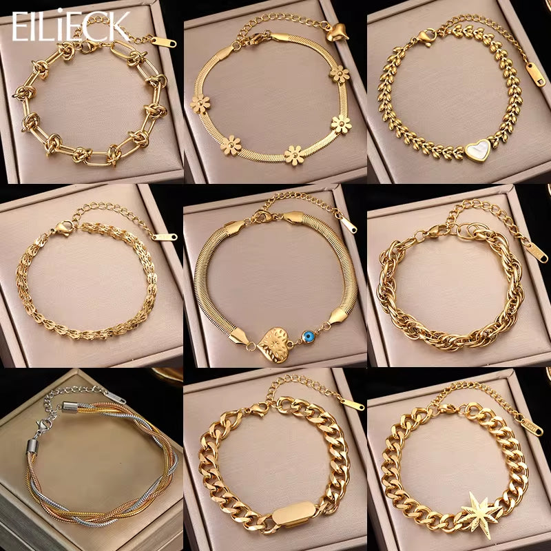 316L Stainless Steel Gold Color Bracelet for Women Simple Style Link Chain Bangle Trendy Fashion Non-Fading Jewelry Gift